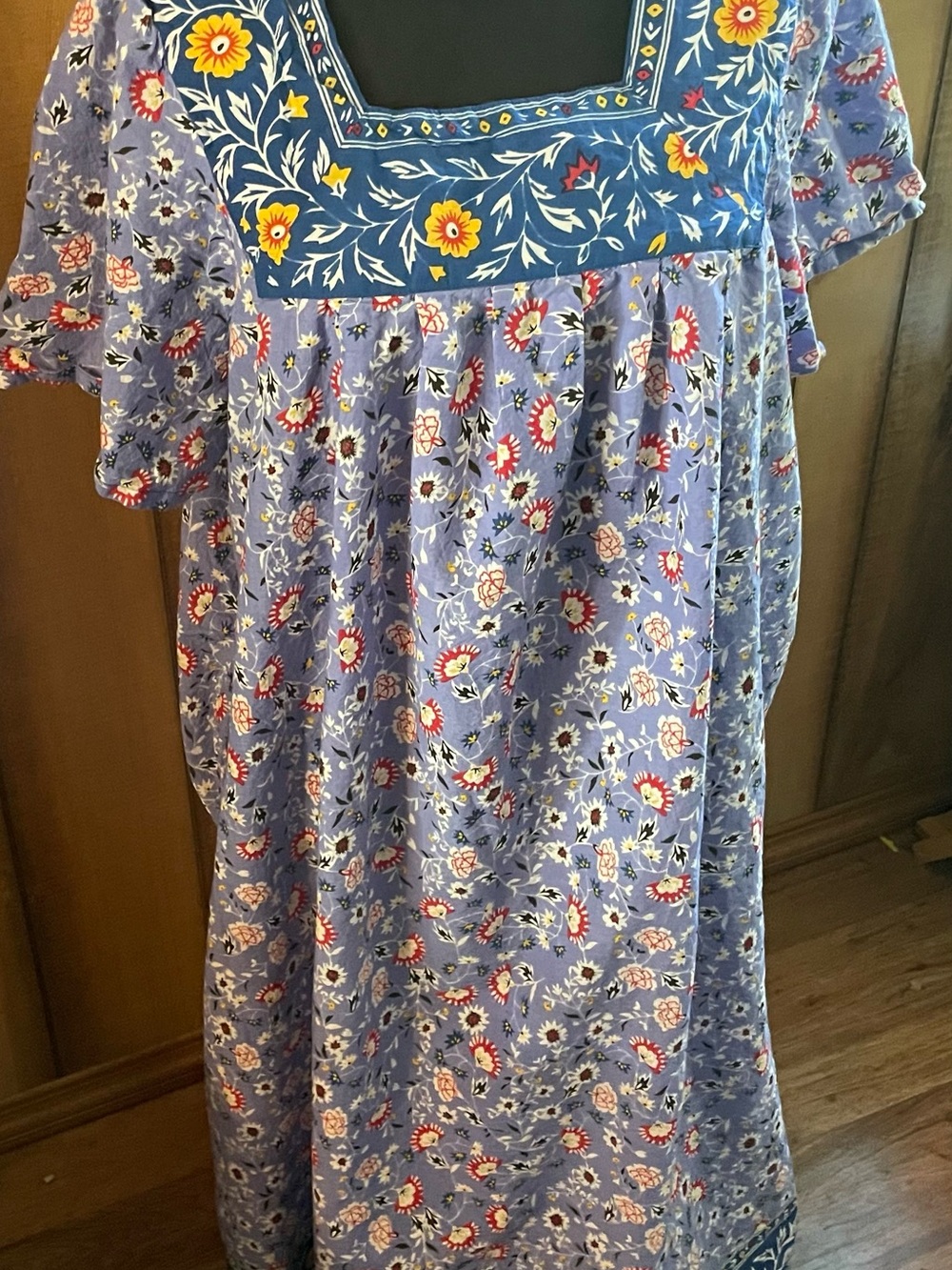 Expressions Blue Floral Cotton Dress with Multicolor Embroidery